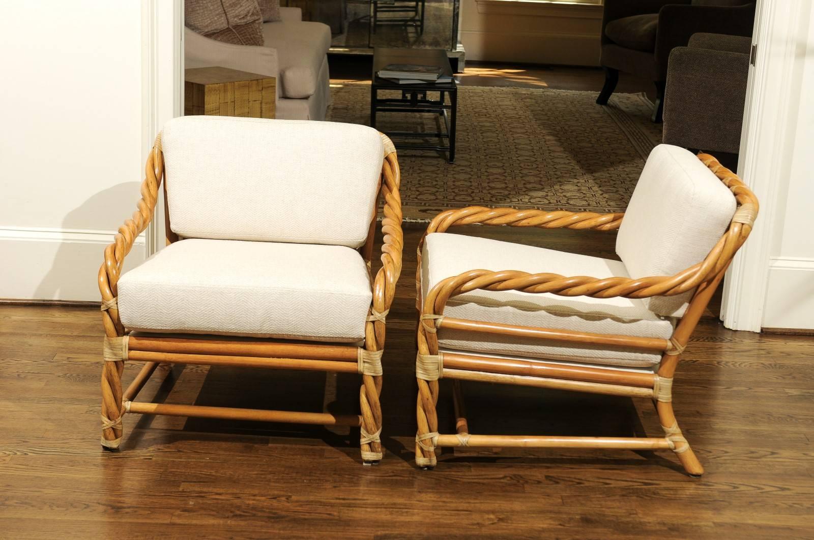 Leather Coveted Pair of Restored Braided Rattan Loungers by McGuire, circa 1980