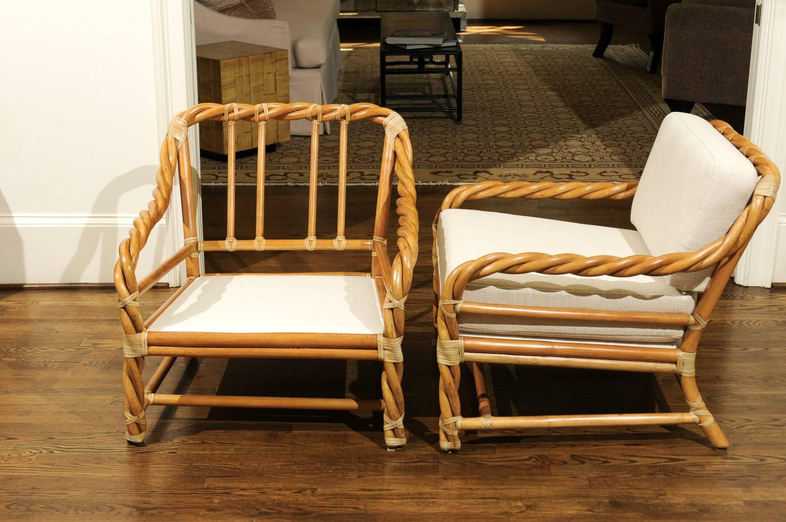 Coveted Pair of Restored Braided Rattan Loungers by McGuire, circa 1980 1