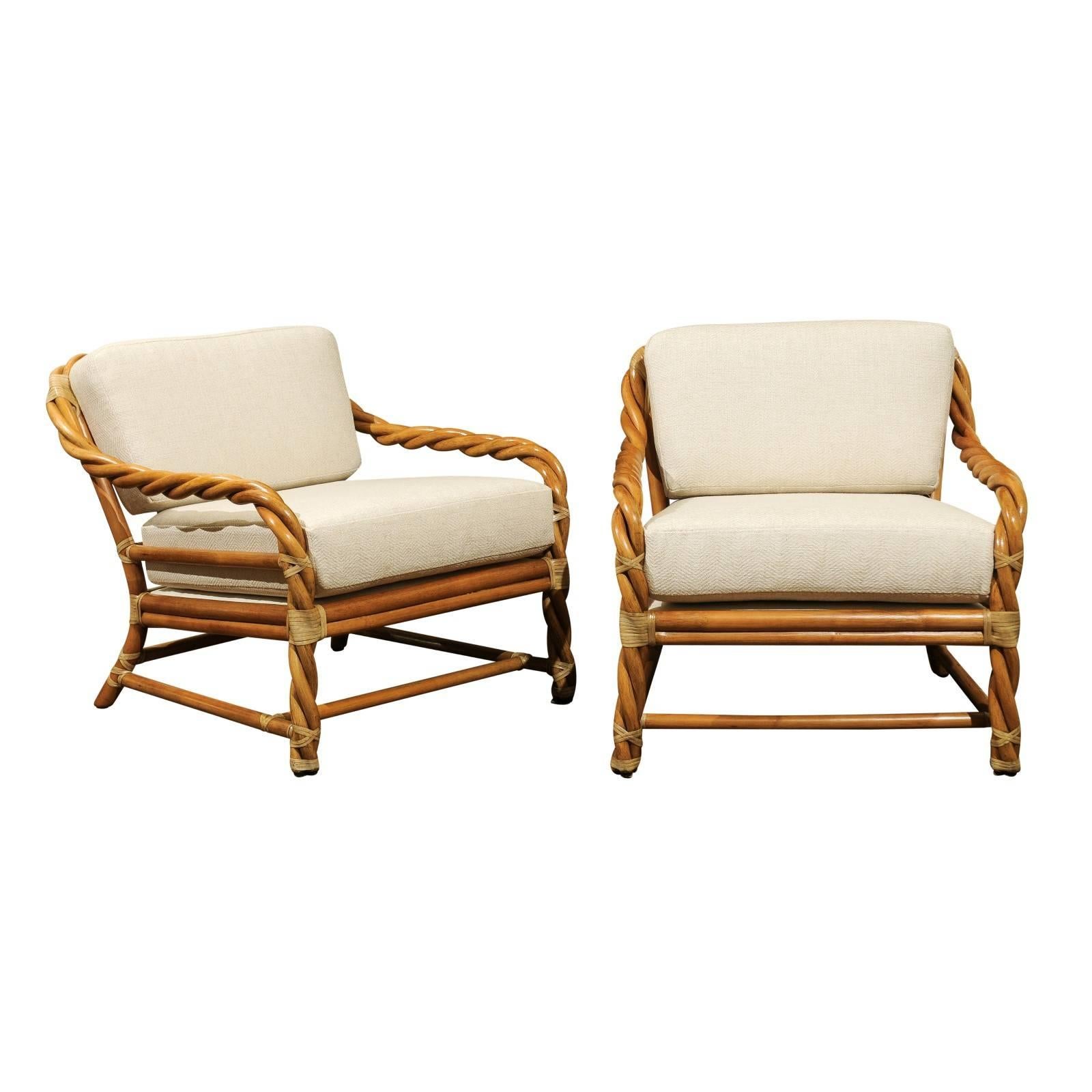 Coveted Pair of Restored Braided Rattan Loungers by McGuire, circa 1980