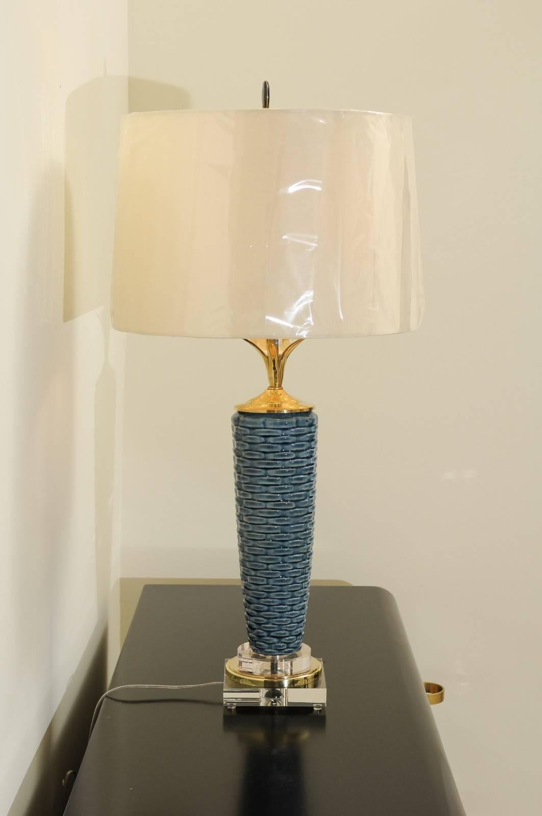 Exquisite Pair of Portuguese Ceramic Basketweave Vessels as Custom Lamps In Excellent Condition For Sale In Atlanta, GA