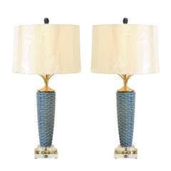 Vintage Exquisite Pair of Portuguese Ceramic Basketweave Vessels as Custom Lamps