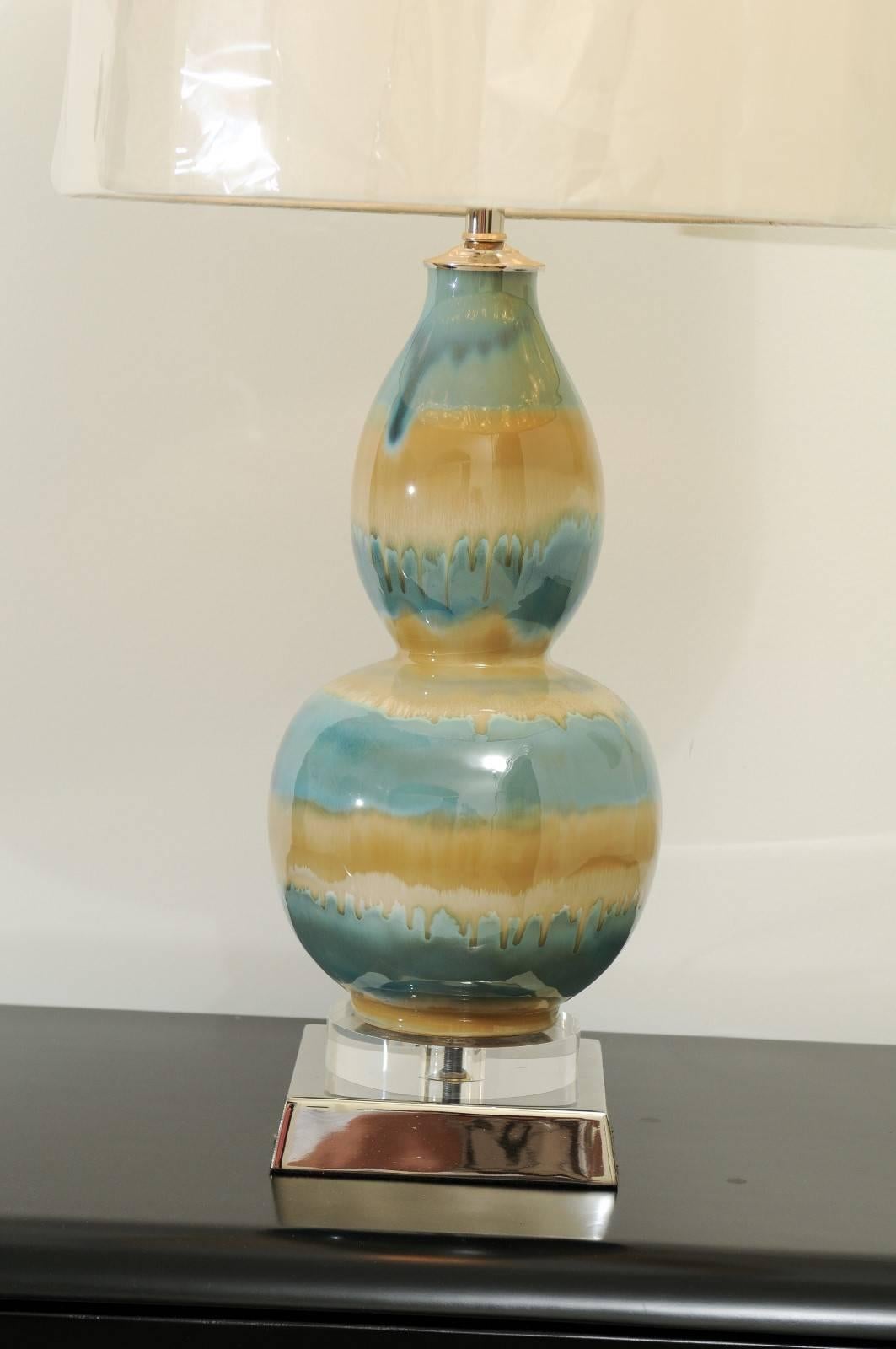 Marvelous Pair of Restored Drip-Glaze Lamps in Caramel and Sultanabad Blue In Excellent Condition For Sale In Atlanta, GA
