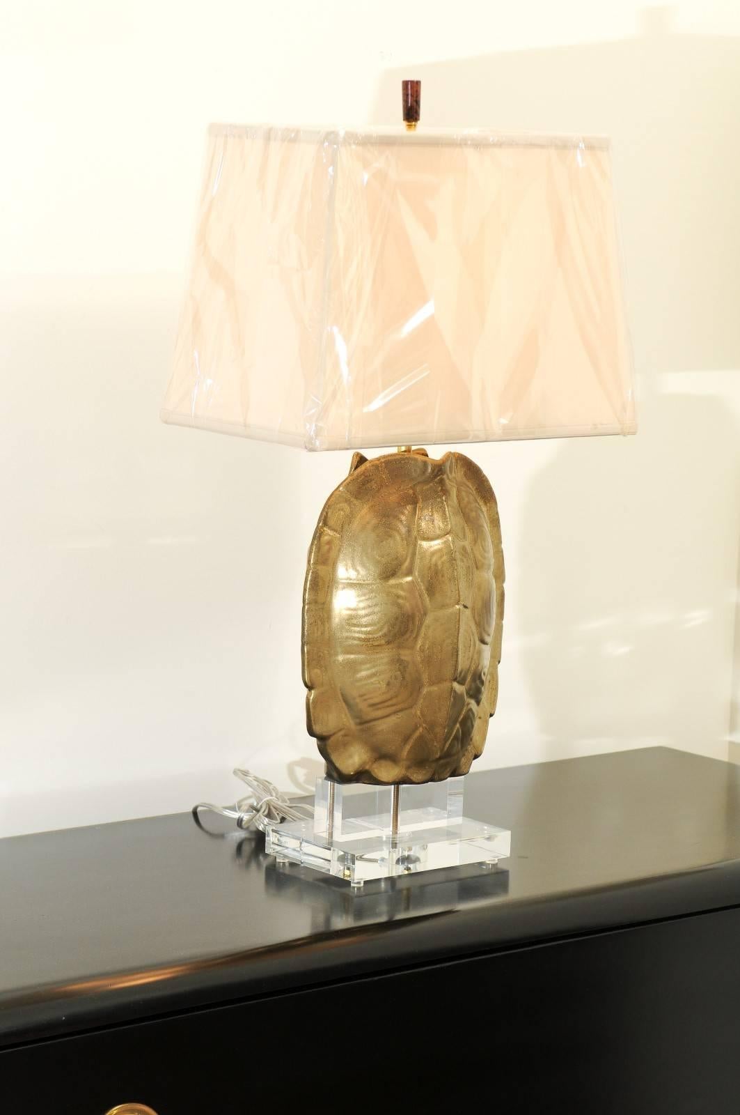 Late 20th Century Outstanding Pair of Custom Faux-Tortoise Shell Ceramic Lamps with Lucite Accents