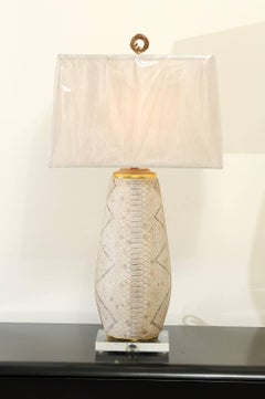 Outstanding Pair of Faux-Snakeskin Vessels and Custom Lamps