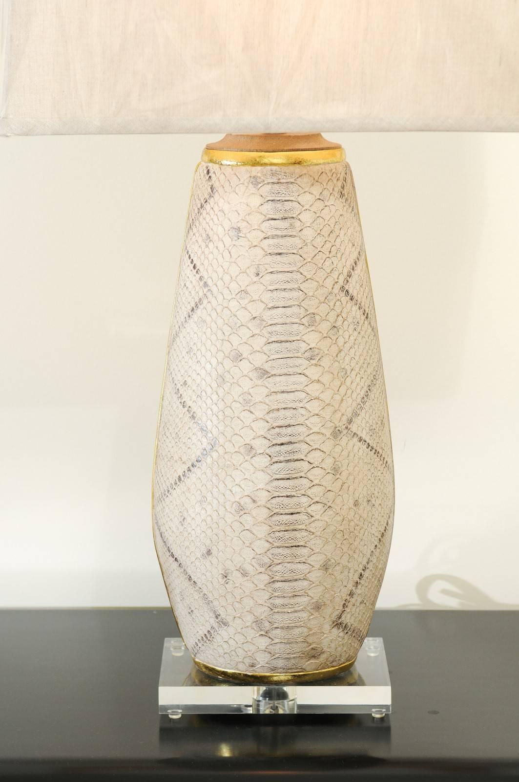 Outstanding Pair of Faux-Snakeskin Vessels and Custom Lamps In Excellent Condition For Sale In Atlanta, GA