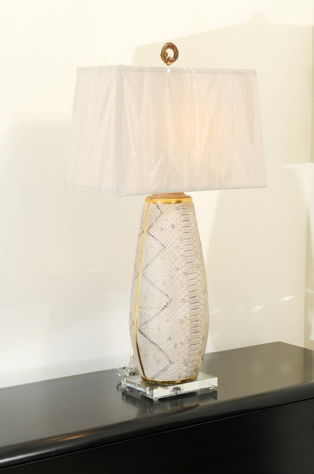 Late 20th Century Outstanding Pair of Faux-Snakeskin Vessels and Custom Lamps For Sale