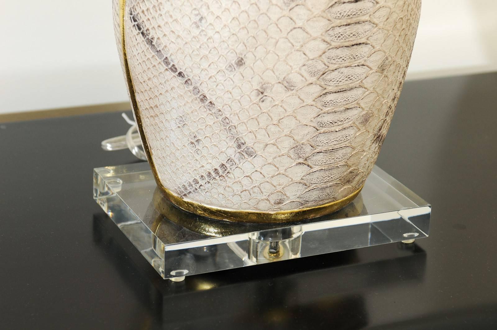 Lucite Outstanding Pair of Faux-Snakeskin Vessels and Custom Lamps For Sale
