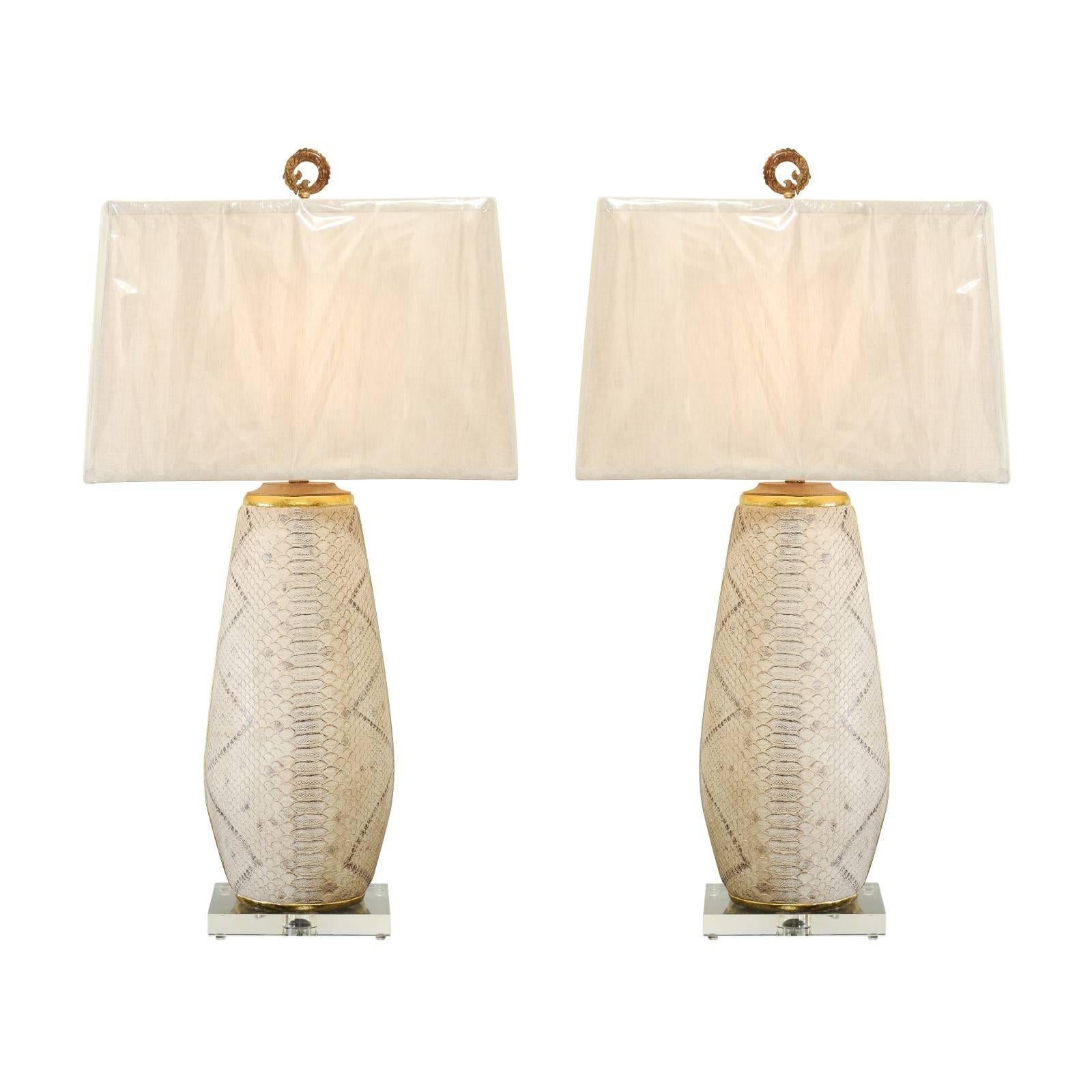 Outstanding Pair of Faux-Snakeskin Vessels and Custom Lamps