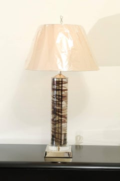 Sleek Pair of Reverse Painted Blown Glass Cylinder Lamps in Silver and Chocolate