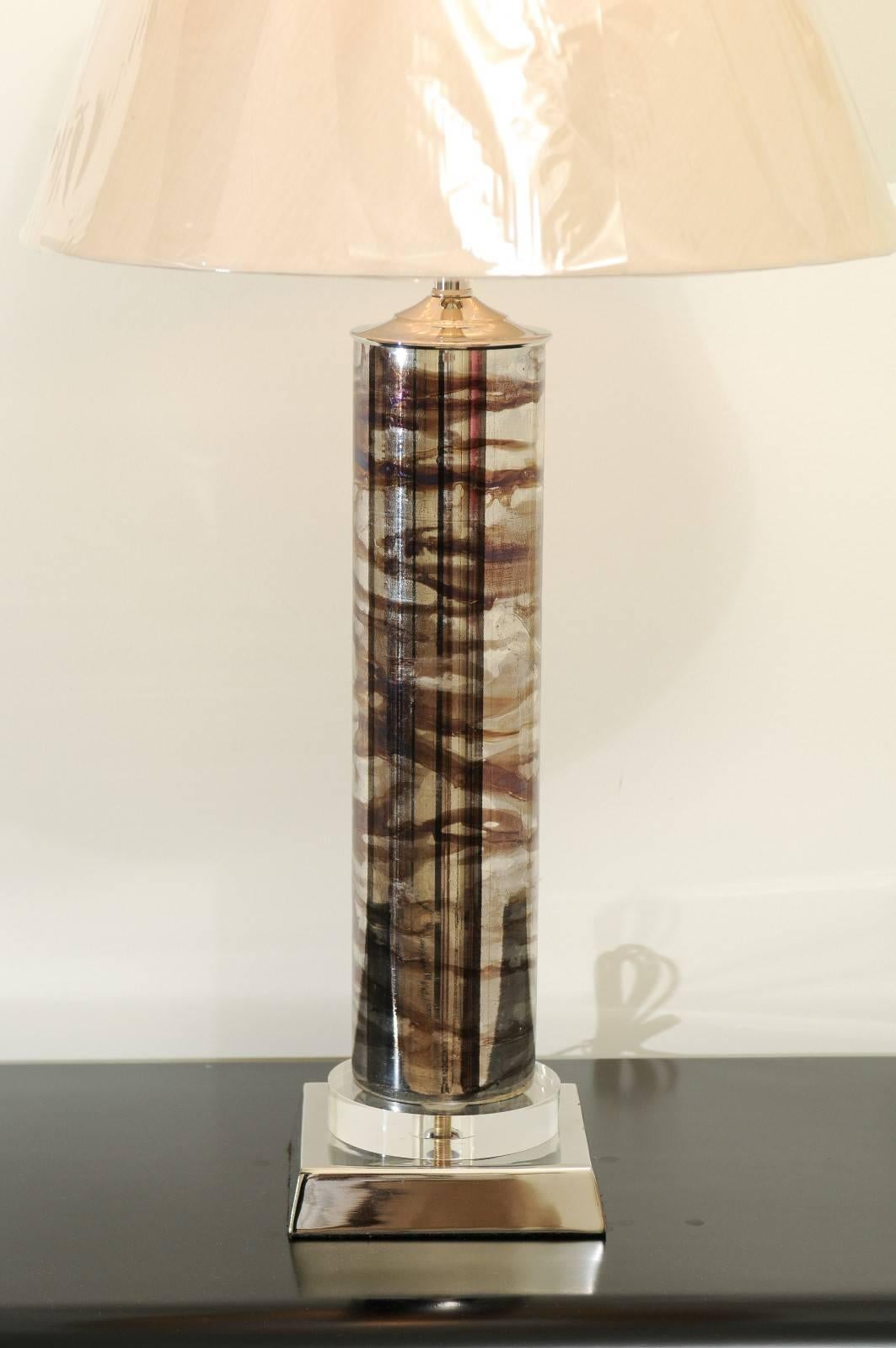 Late 20th Century Sleek Pair of Reverse Painted Blown Glass Cylinder Lamps in Silver and Chocolate For Sale