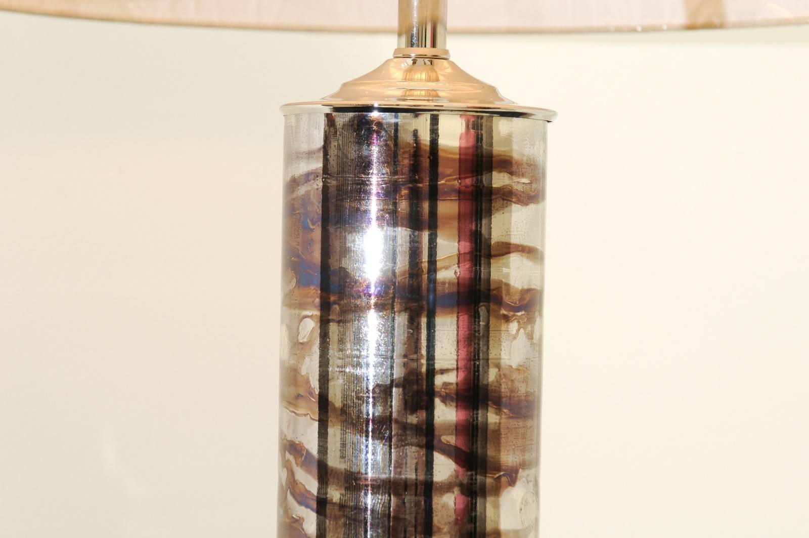 Sleek Pair of Reverse Painted Blown Glass Cylinder Lamps in Silver and Chocolate For Sale 1
