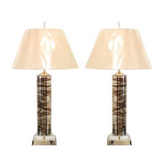 Sleek Pair of Reverse Painted Blown Glass Cylinder Lamps in Silver and Chocolate