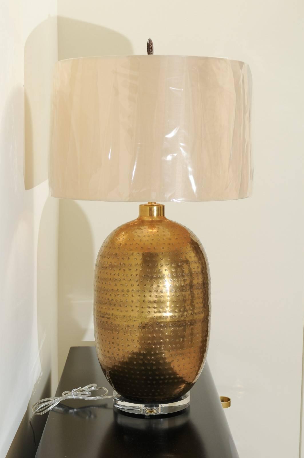 Late 20th Century Dramatic Pair of Large-Scale Textured Brass Lamps, circa 1970 For Sale