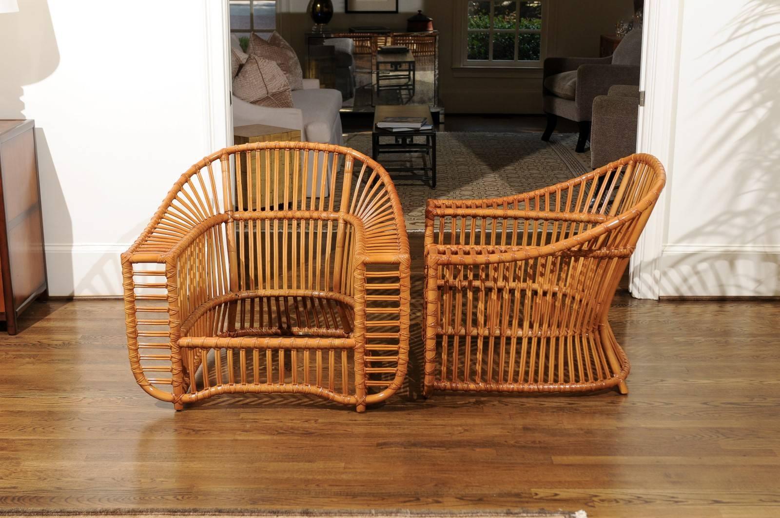 Cane Unique Restored Pair of Tiara Lounge or Club Chairs by Henry Olko, circa 1979