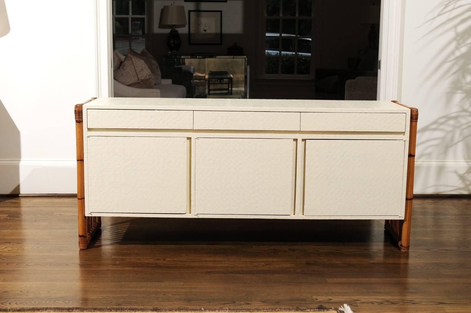 Exceptional Restored Basketweave Raffia and Rattan Credenza, circa 1970 1