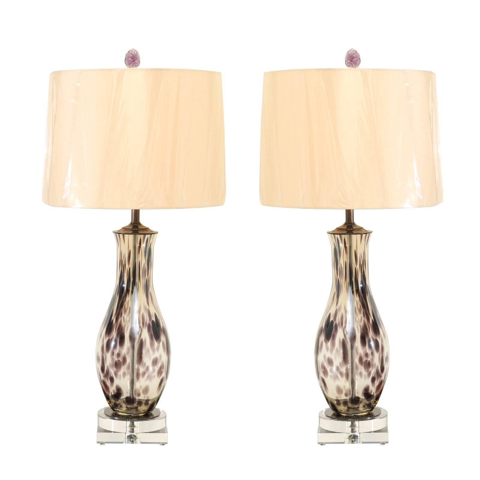 Stunning Pair of Charcoal Spotted Blown Murano Lamps