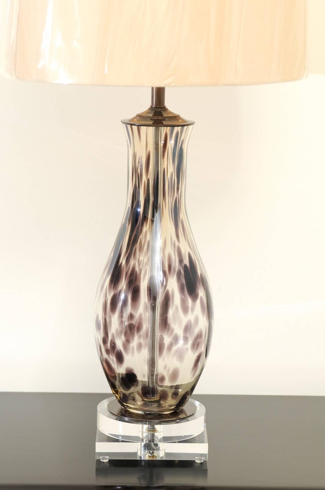 Stunning Pair of Charcoal Spotted Blown Murano Lamps For Sale 2