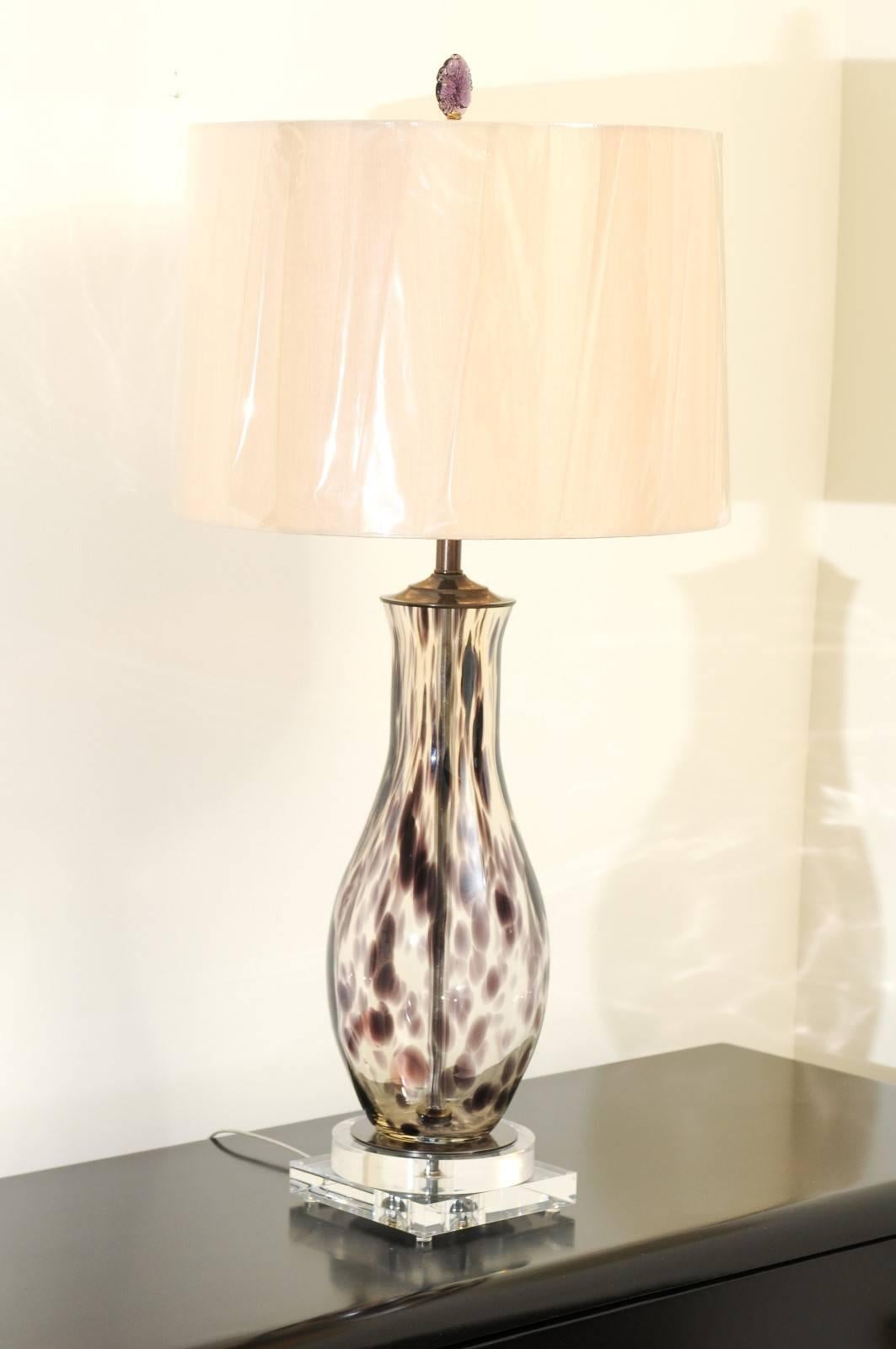 Stunning Pair of Charcoal Spotted Blown Murano Lamps For Sale 3