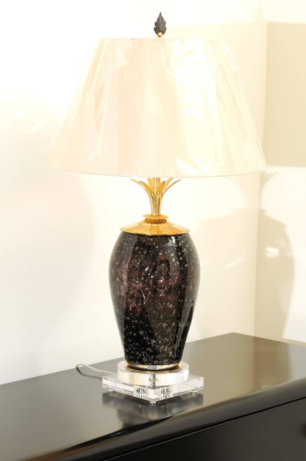 Brass Exceptional Pair of Italian Granite Style Blown Glass Vases as Custom Lamps For Sale