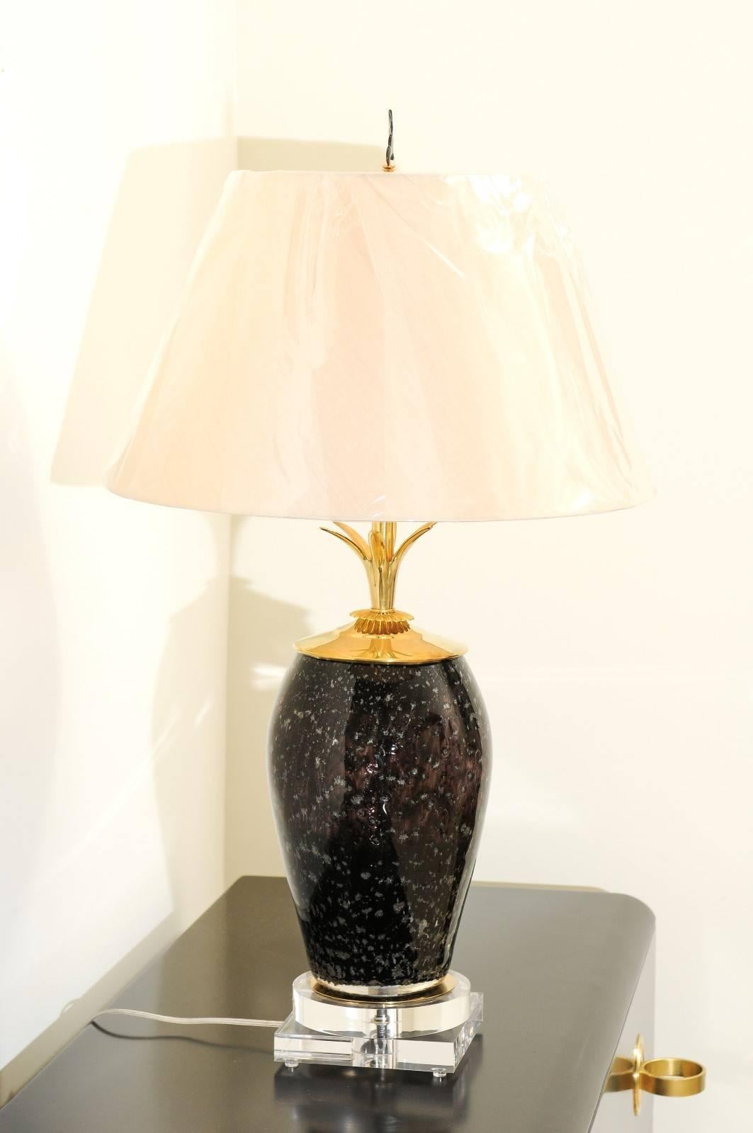 Exceptional Pair of Italian Granite Style Blown Glass Vases as Custom Lamps For Sale 1