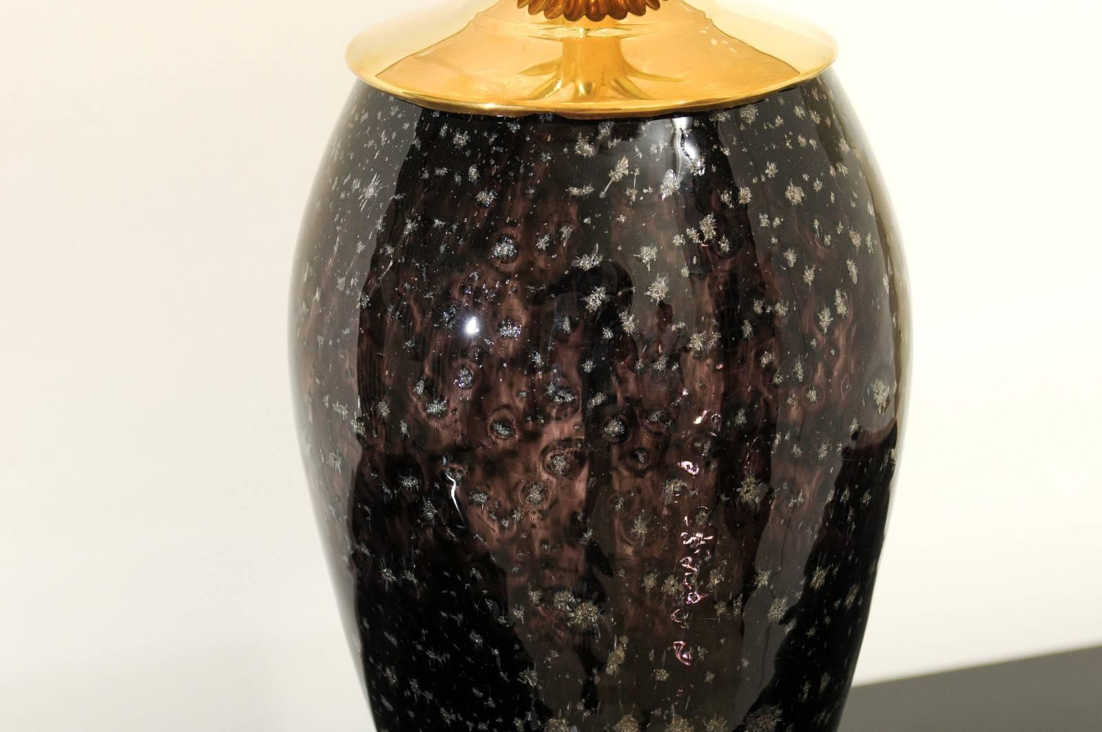 Exceptional Pair of Italian Granite Style Blown Glass Vases as Custom Lamps For Sale 2