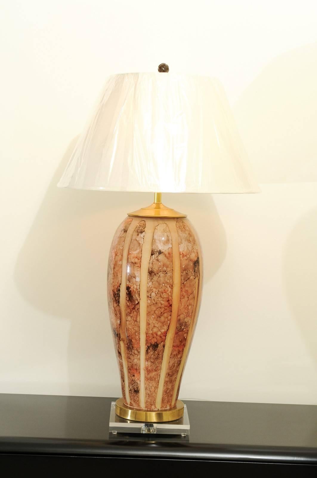 These magnificent lamps are shipped as photographed and described in the narrative. They have been custom built using materials of the highest quality and are shipped complete with the new shades, harps and finials shown in the photos.

A fabulous