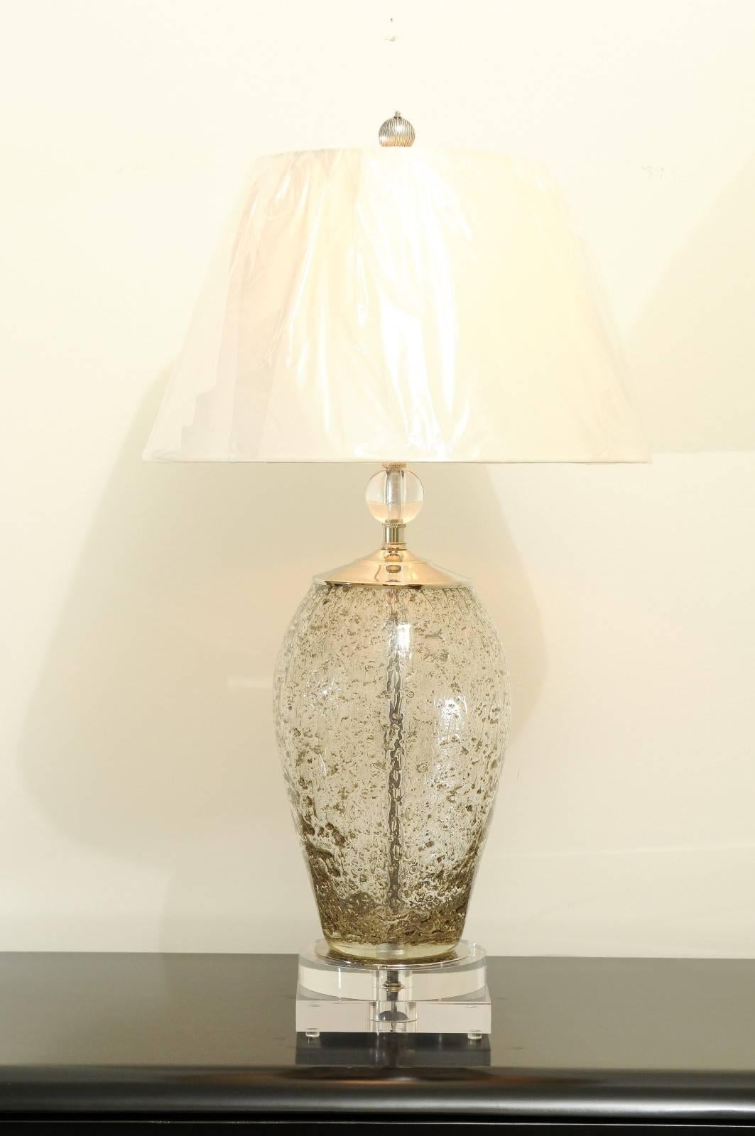 A stunning pair of Italian blown glass vessels, circa 1970, as newly built custom lamps. Fabulous, exceptionally made thick blown glass form. Built using components of only the finest quality. Exquisite jewelry! Excellent Restored Condition. The