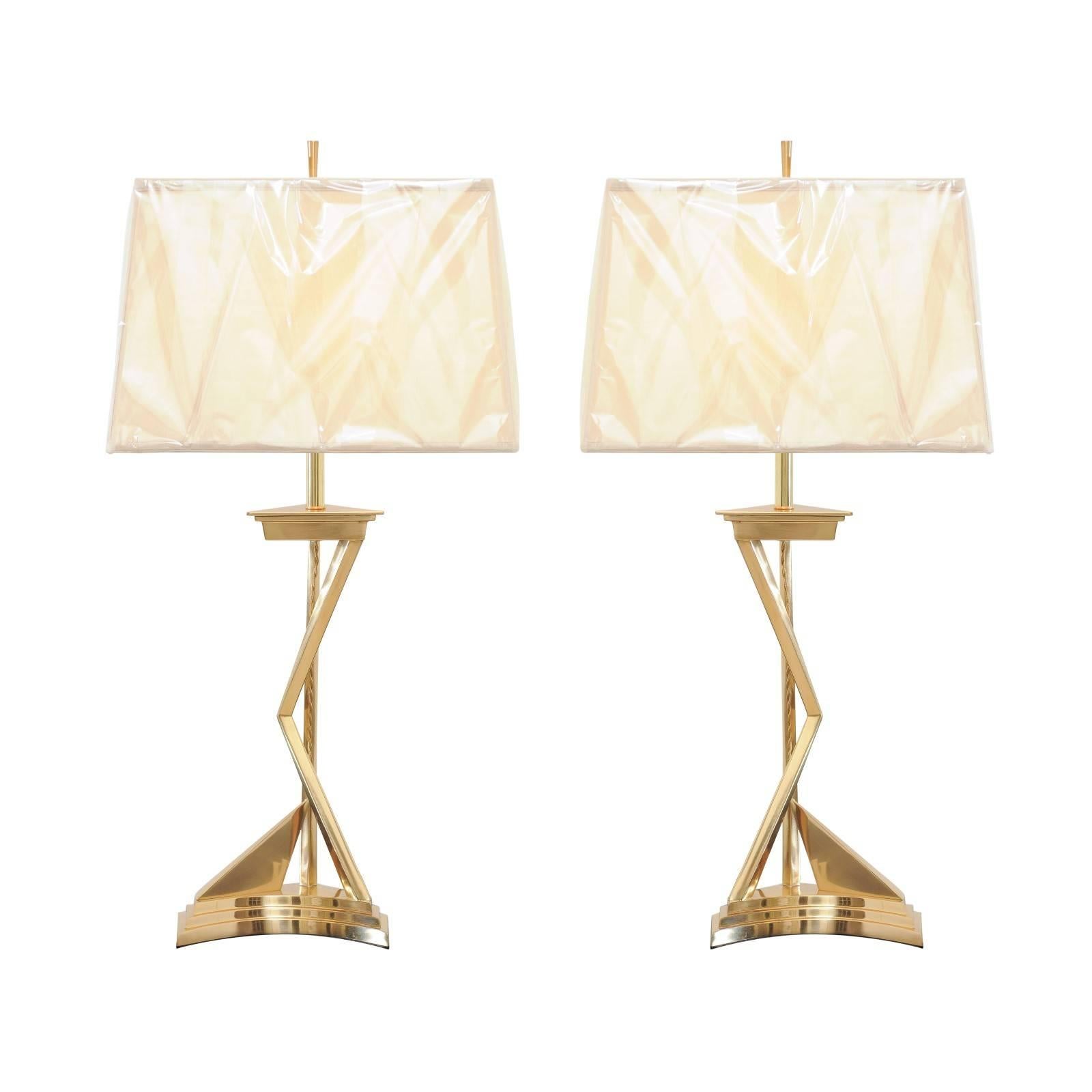 Exquisite Pair of Modern Brass Lamps in the Style of Parzinger, circa 1960 For Sale