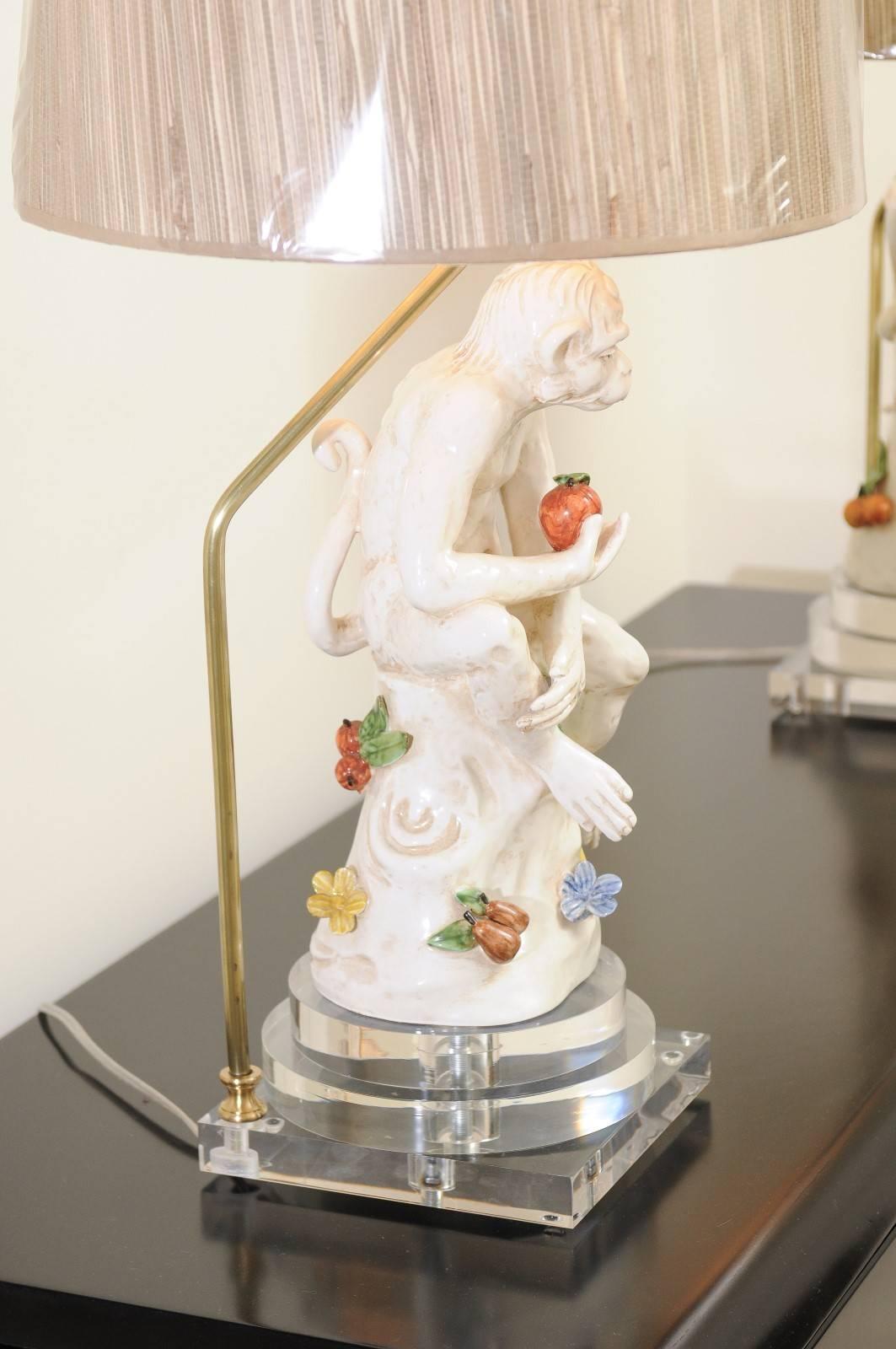 Hand-Painted Extraordinary Pair of Italian Monkey Sculptures, circa 1970, as Custom Lamps For Sale