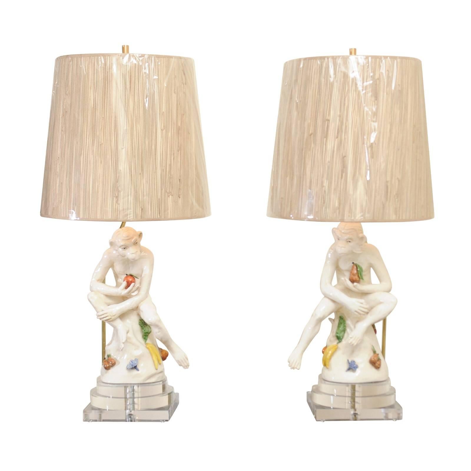 Extraordinary Pair of Italian Monkey Sculptures, circa 1970, as Custom Lamps For Sale