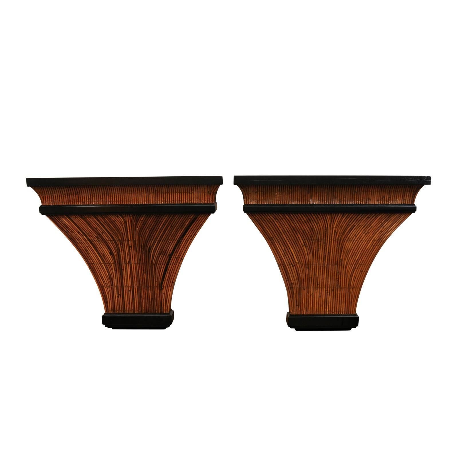 Exceptional Restored Pair of Bamboo and Burl Elm Consoles, circa 1975