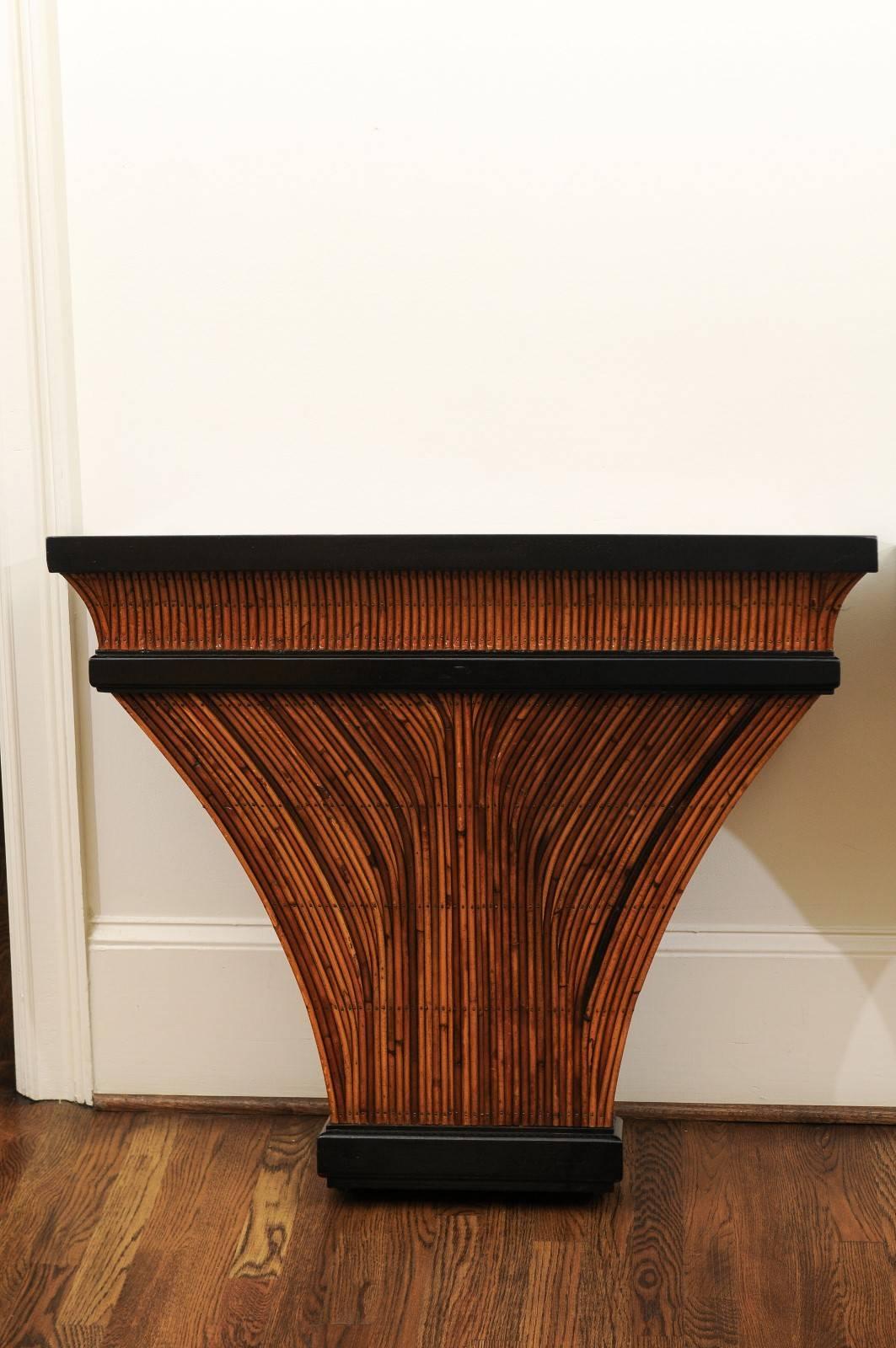 Unknown Exceptional Restored Pair of Bamboo and Burl Elm Consoles, circa 1975 For Sale