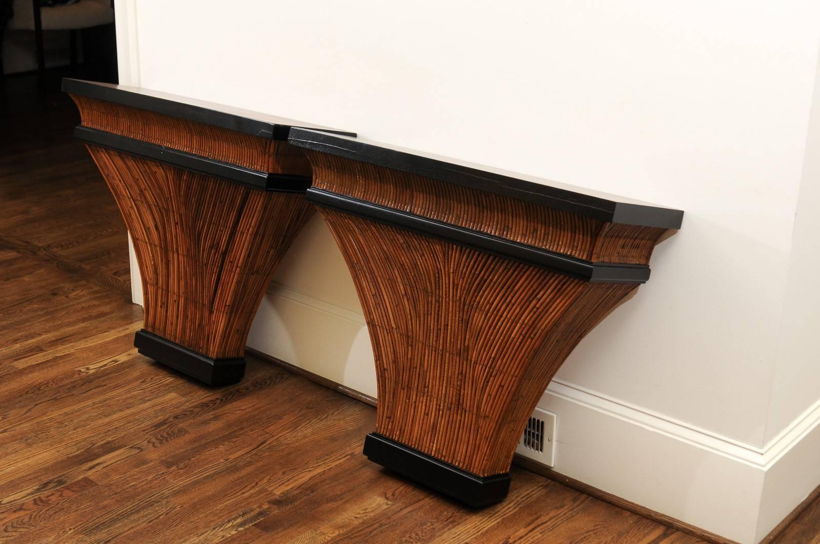 Exceptional Restored Pair of Bamboo and Burl Elm Consoles, circa 1975 For Sale 2