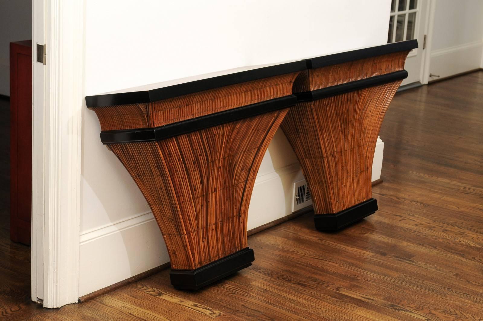 Late 20th Century Exceptional Restored Pair of Bamboo and Burl Elm Consoles, circa 1975 For Sale