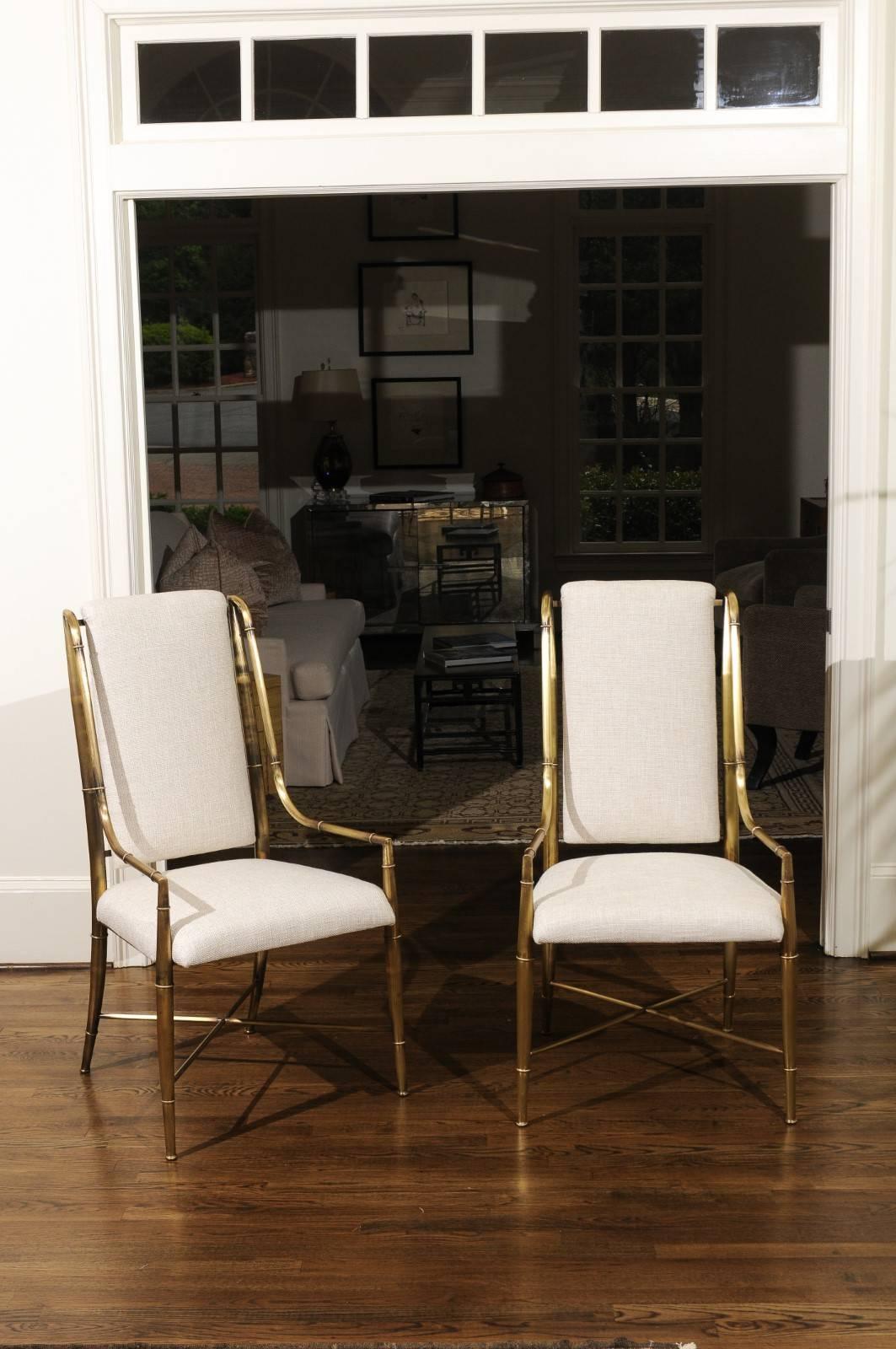These magnificent dining chairs are shipped as professionally photographed and described in the listing narrative: completely restored and Installation Ready.  Expert custom upholstery service available.

An exquisite set of ten (10) solid brass