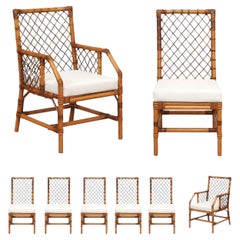 Superbe lot de 8 chaises de salle à manger en rotin et en osier, signées Bielecky Brothers, vers 1975