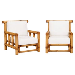 Majestic Pair of Bamboo Pagoda Loungers with Ottomans by Budji Layug, circa 1980