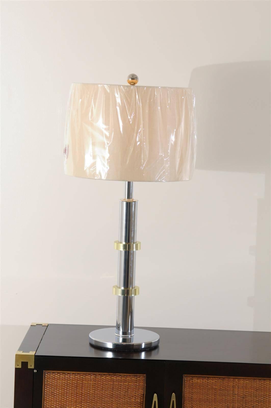 Paar Vintage-Lampen im Jansen-Stil aus Chrom und Messing (Ende des 20. Jahrhunderts) im Angebot