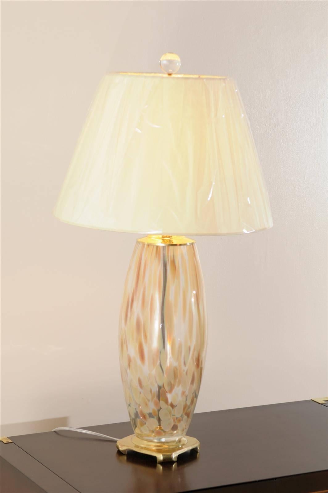 Atemberaubendes Paar mundgeblasener Murano-Lampen mit Messing- und Lucite-Akzenten im Angebot 1