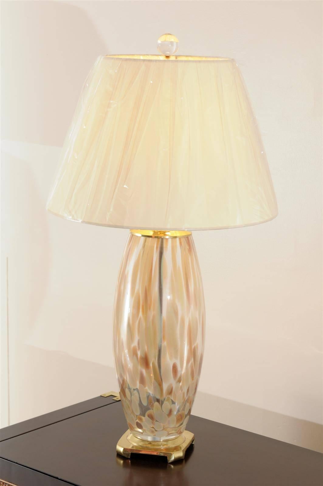 Stunning Pair of Blown Murano Lamps with Brass and Lucite Accents In Excellent Condition For Sale In Atlanta, GA