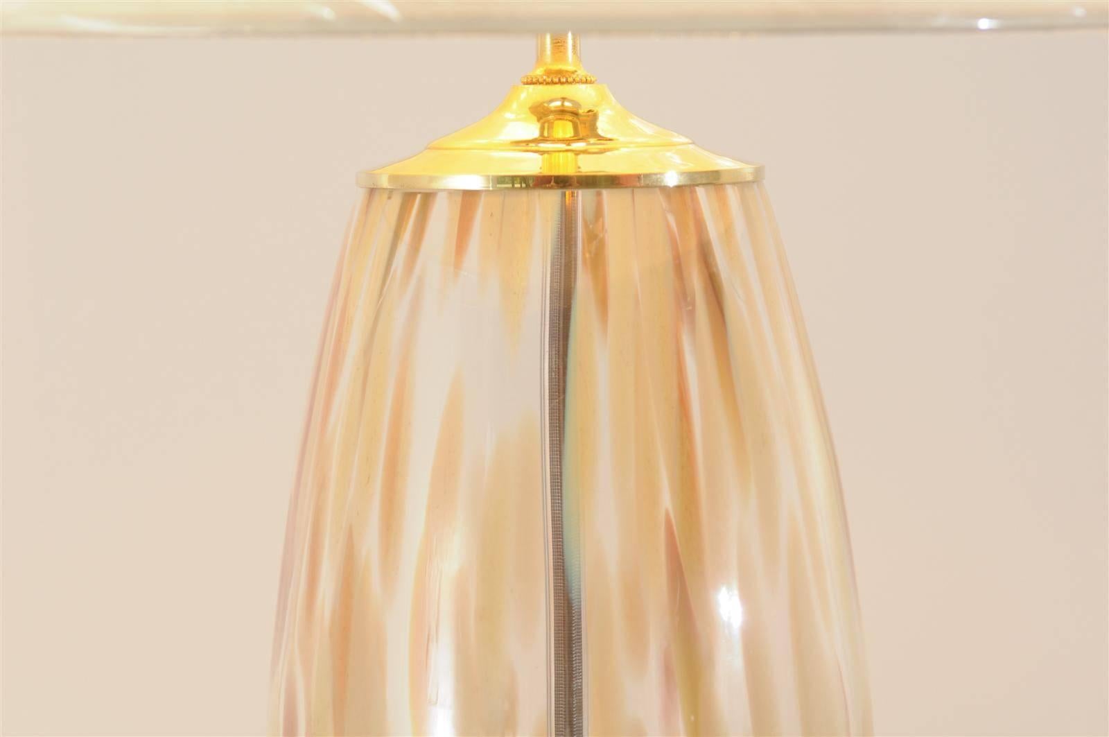 Italian Stunning Pair of Blown Murano Lamps with Brass and Lucite Accents For Sale