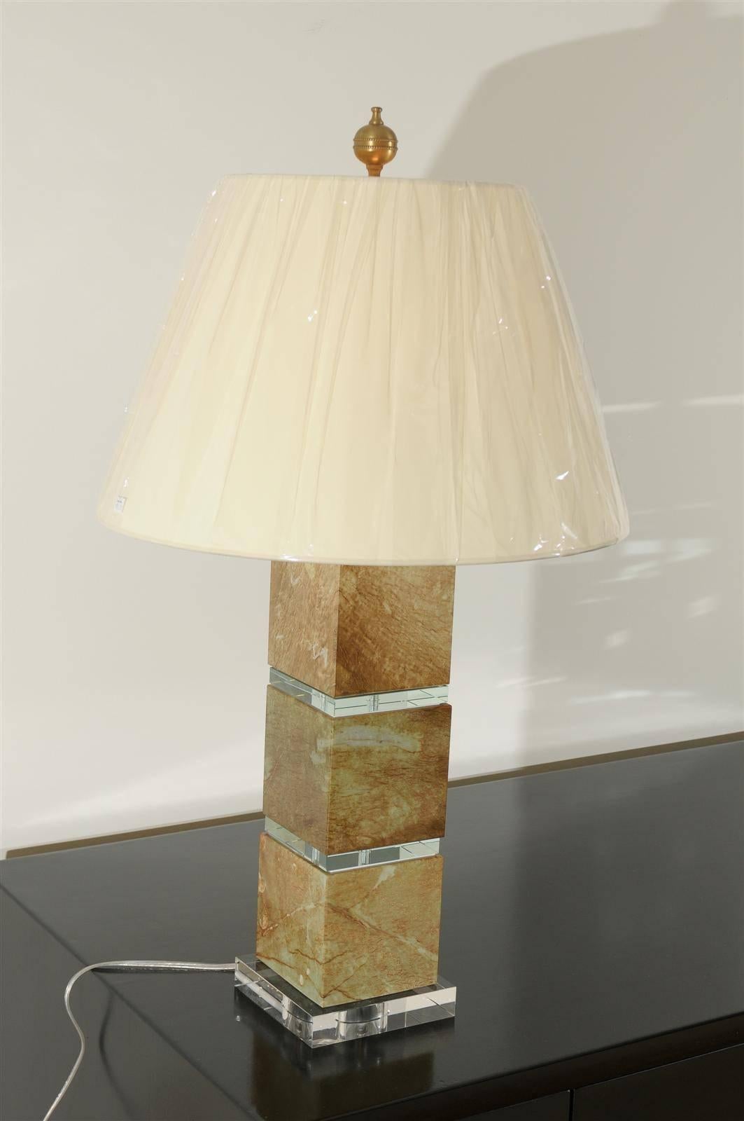 Restored Pair of Modern Lamps in Jade and Crystal For Sale 2