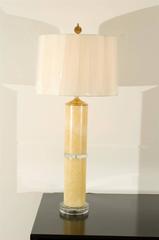 Pair of Large-Scale Marble Cylinder Lamps with Brass and Glass Accents