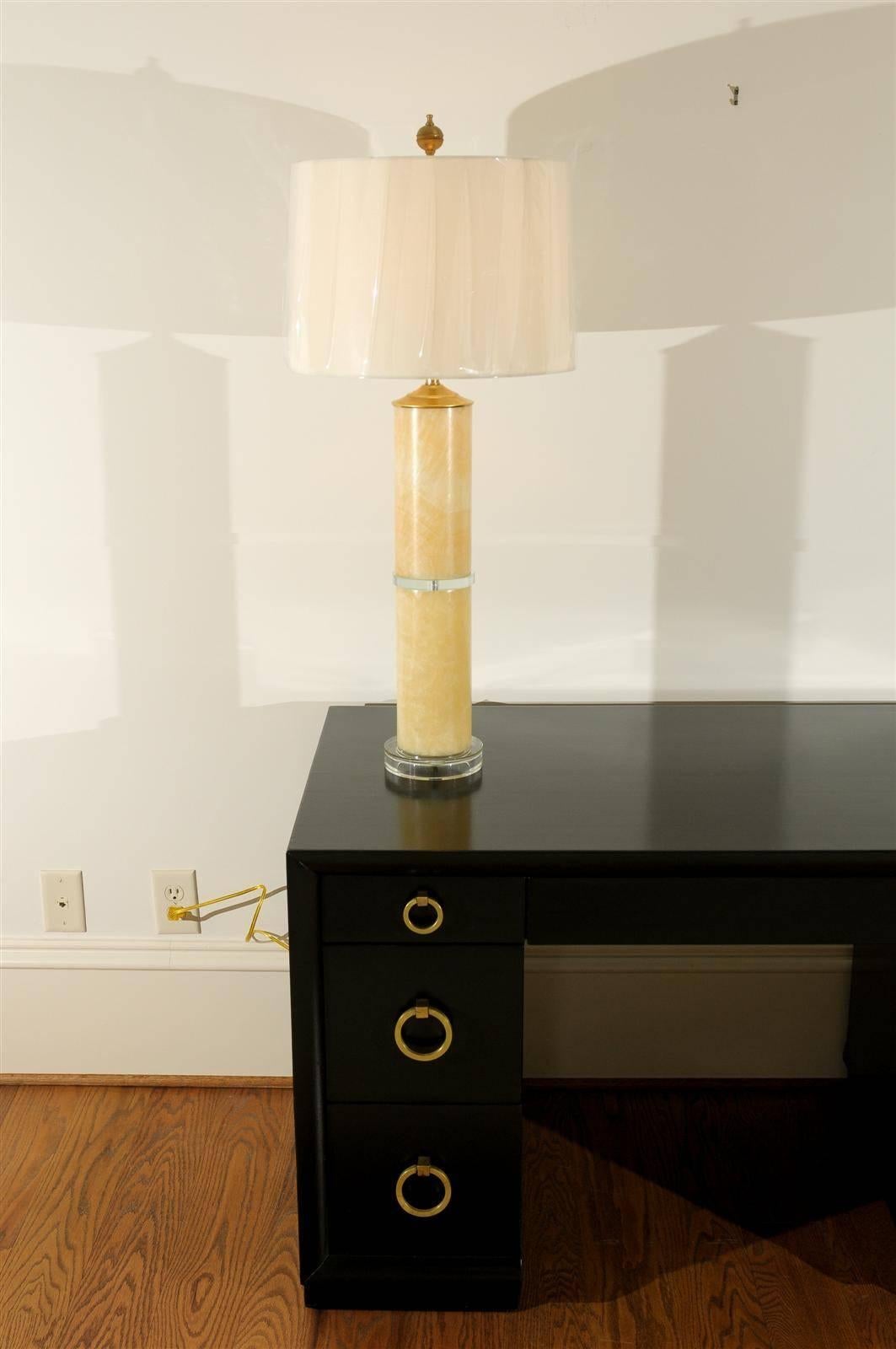 Mid-Century Modern Pair of Large-Scale Marble Cylinder Lamps with Brass and Glass Accents For Sale