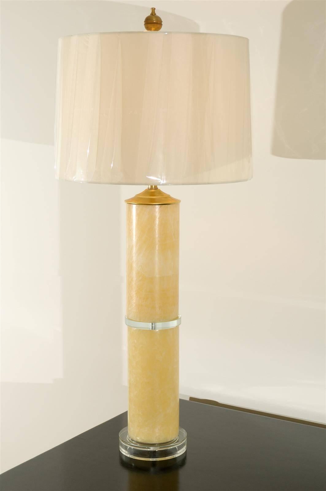 Pair of Large-Scale Marble Cylinder Lamps with Brass and Glass Accents For Sale 2