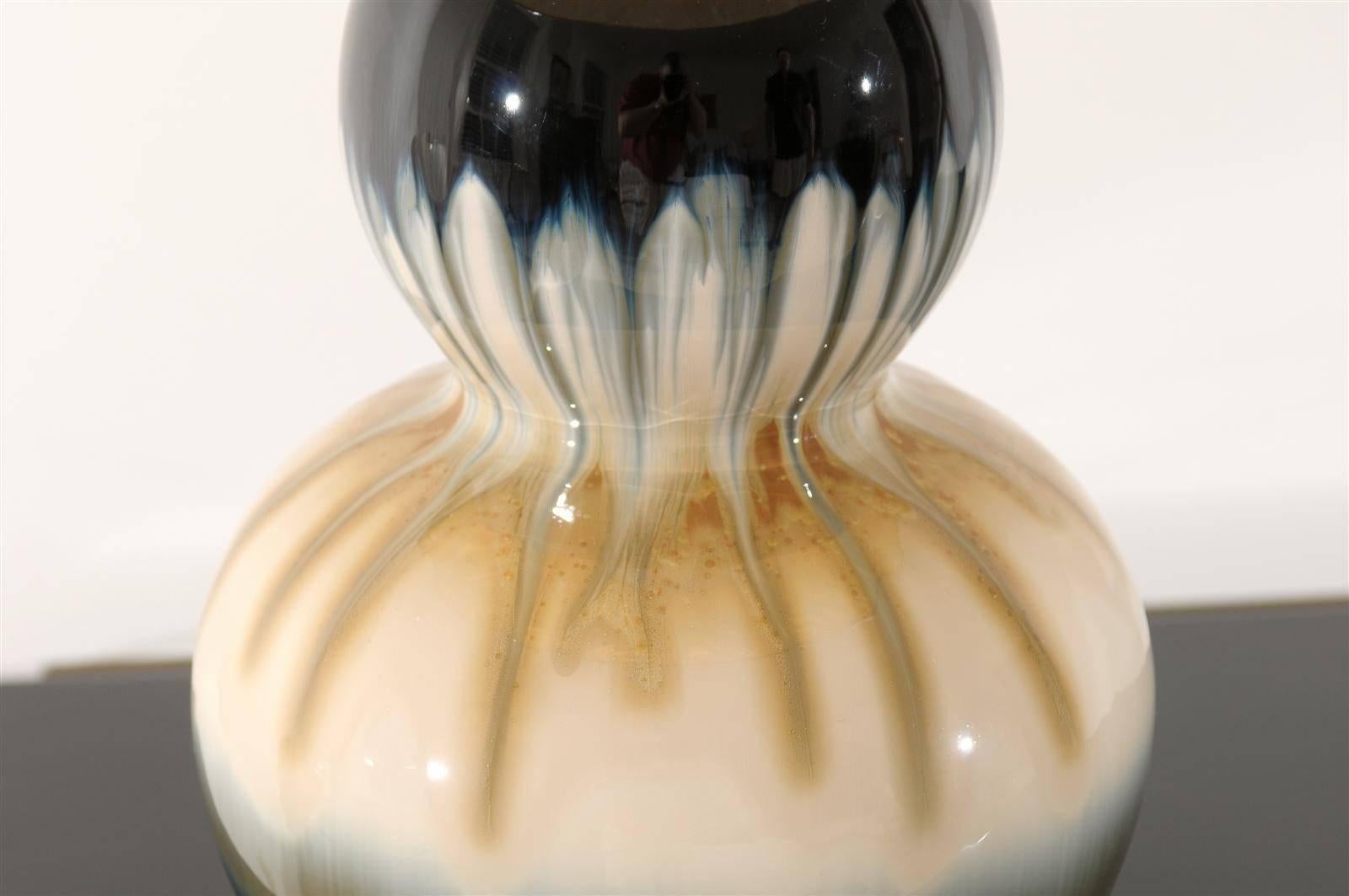 Paar Tropfenglasur-Keramik-Doppelkürbislampen im Angebot 4