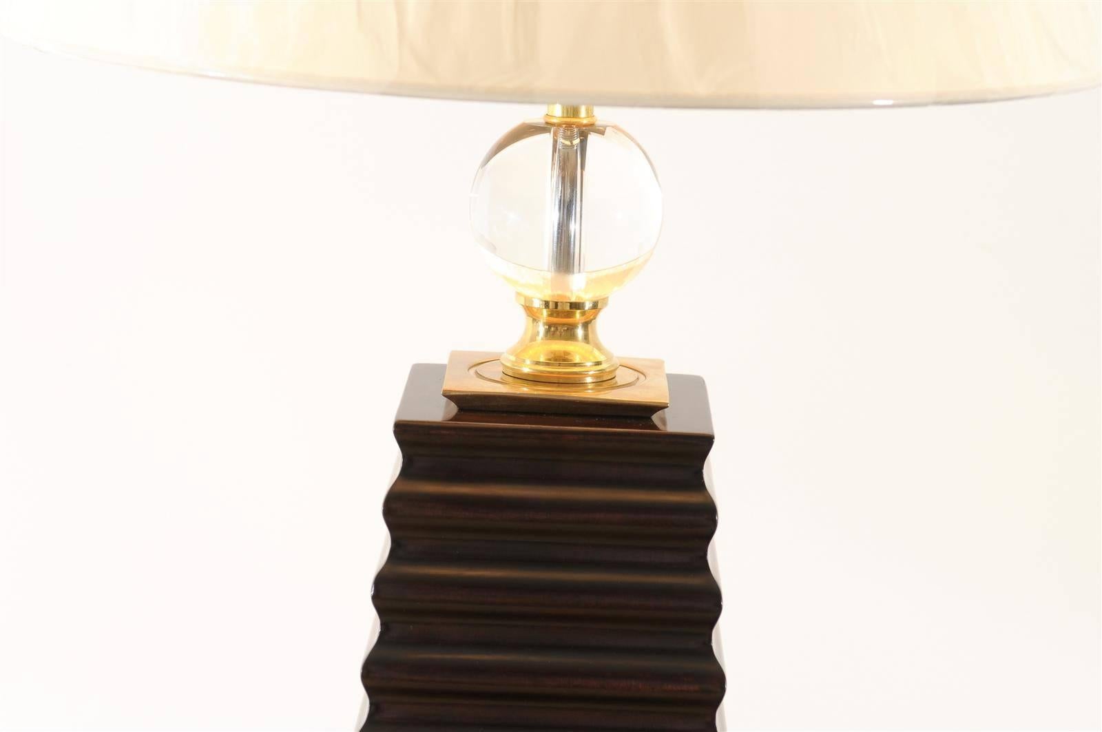 Pair of Fluted Obelisk Lamps with Brass and Crystal Accents For Sale 3