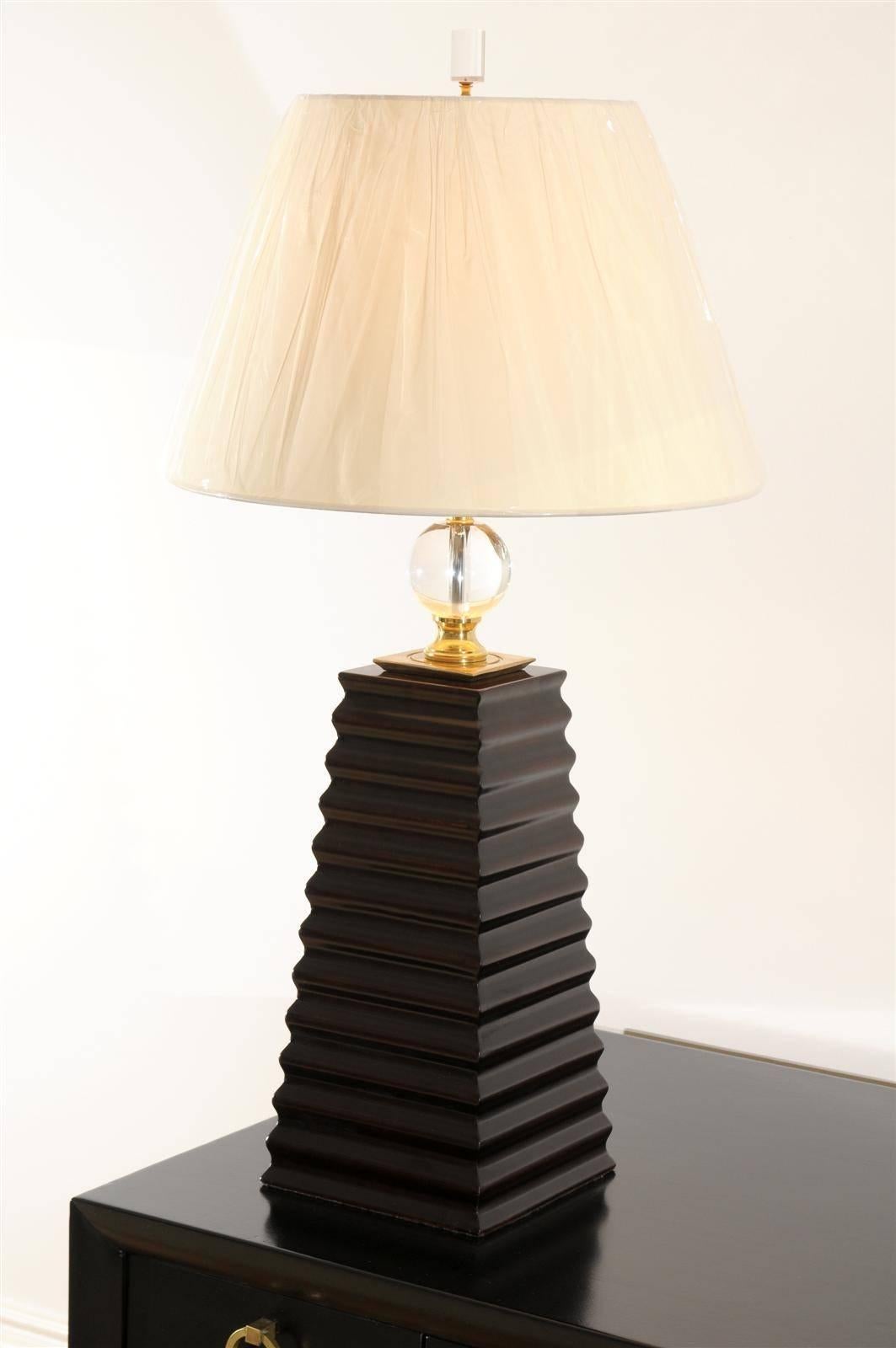 Pair of Fluted Obelisk Lamps with Brass and Crystal Accents For Sale 2