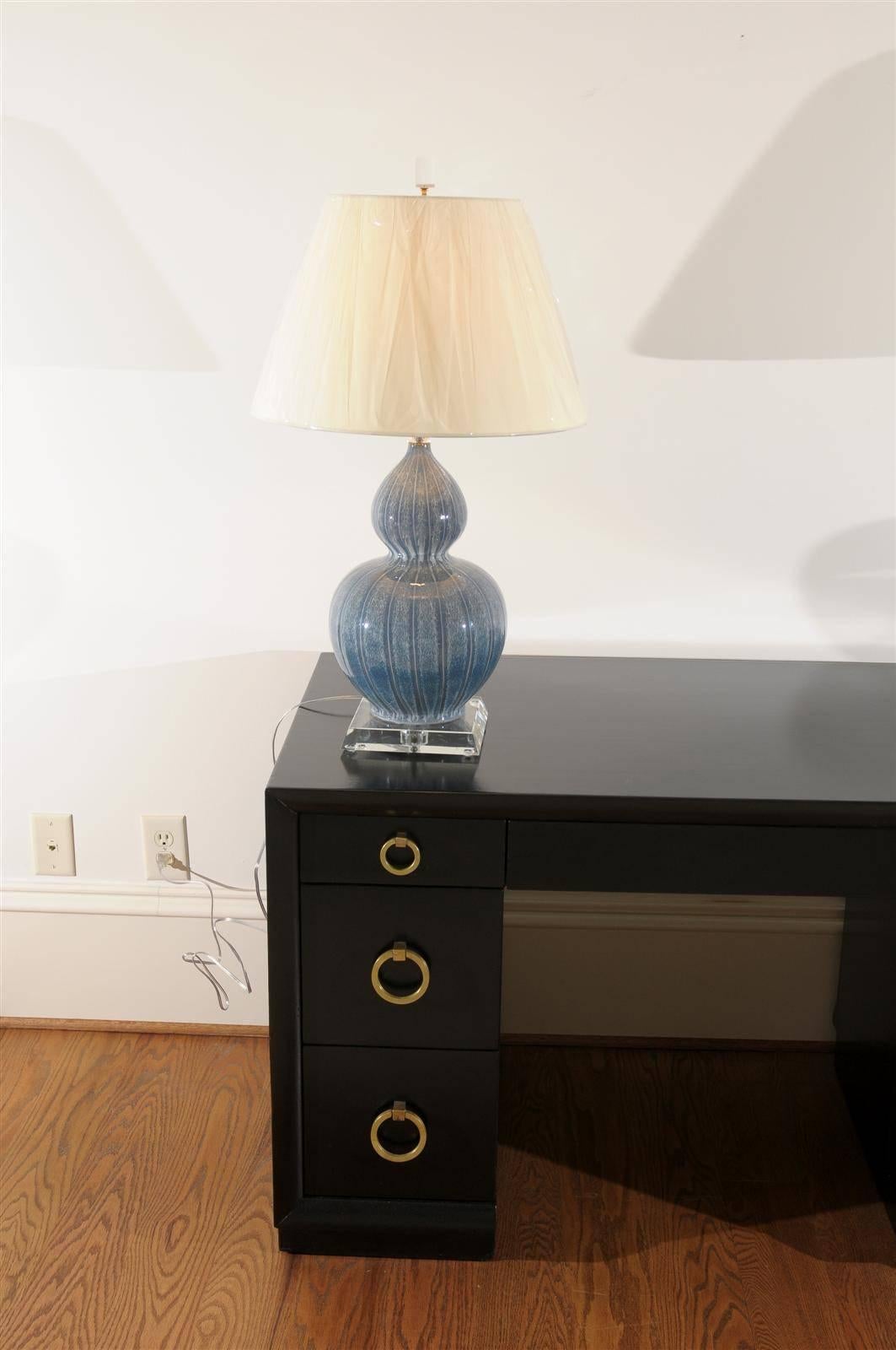 Mid-Century Modern Sophisticated Pair of Ceramic Drip Glaze Lamps with Lucite and Brass Accents