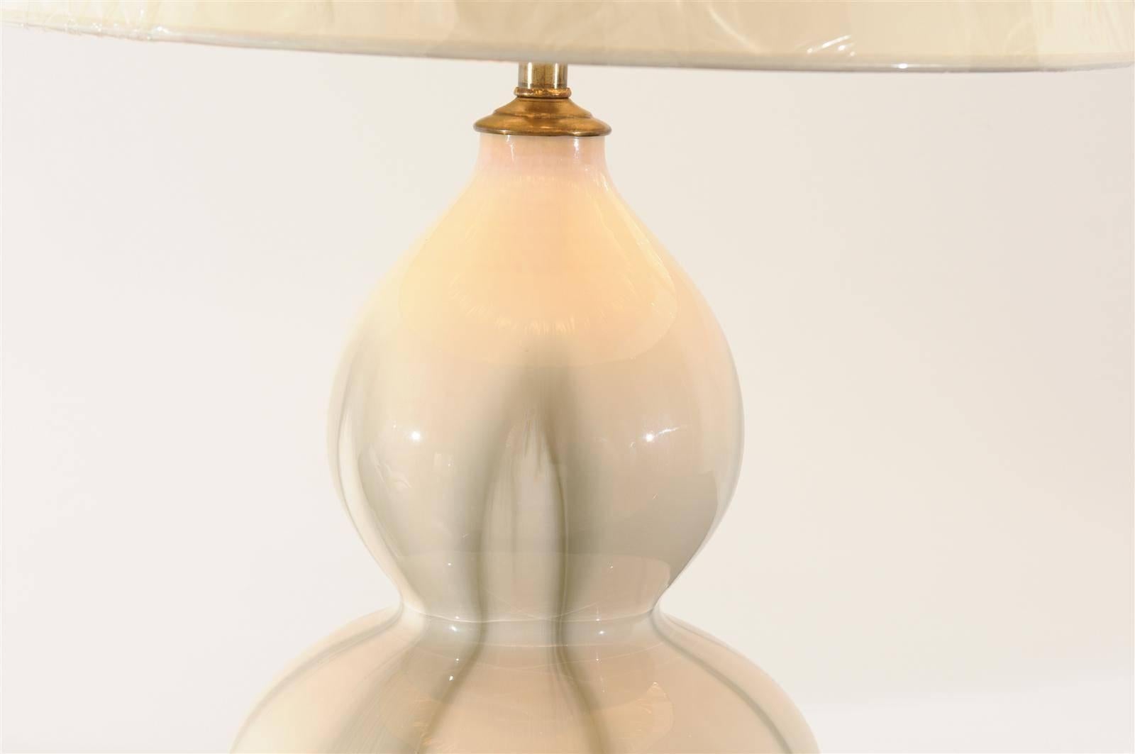 Brass Pair of Ceramic Gourd Lamps in Cream and Celadon For Sale